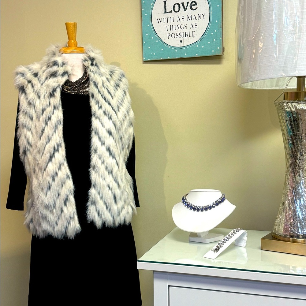 Tribal white black faux fur vest